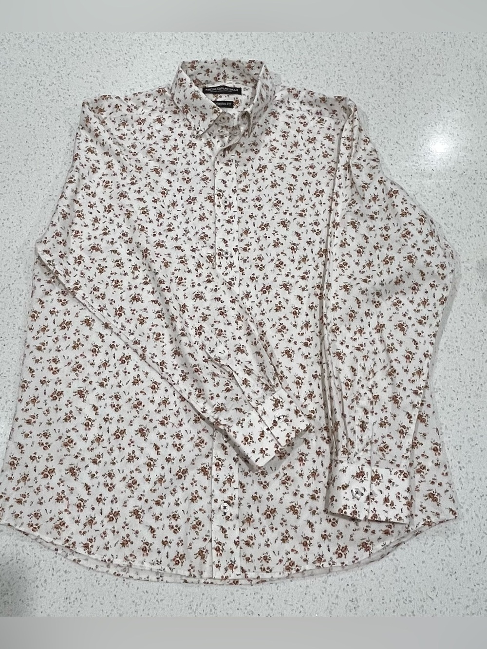 Nick Graham Tan Floral Men's Long Sleeve Woven Shirt Modern Fit Button Down SZ L